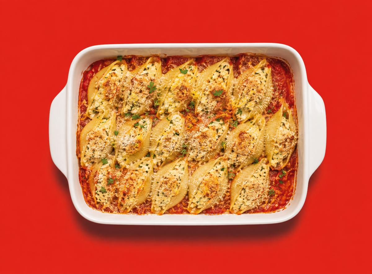 Conchiglioni Pasta gefullt mit Ricotta, Kabeljau, Zitrone auf Salsa Paradiso gratiniert